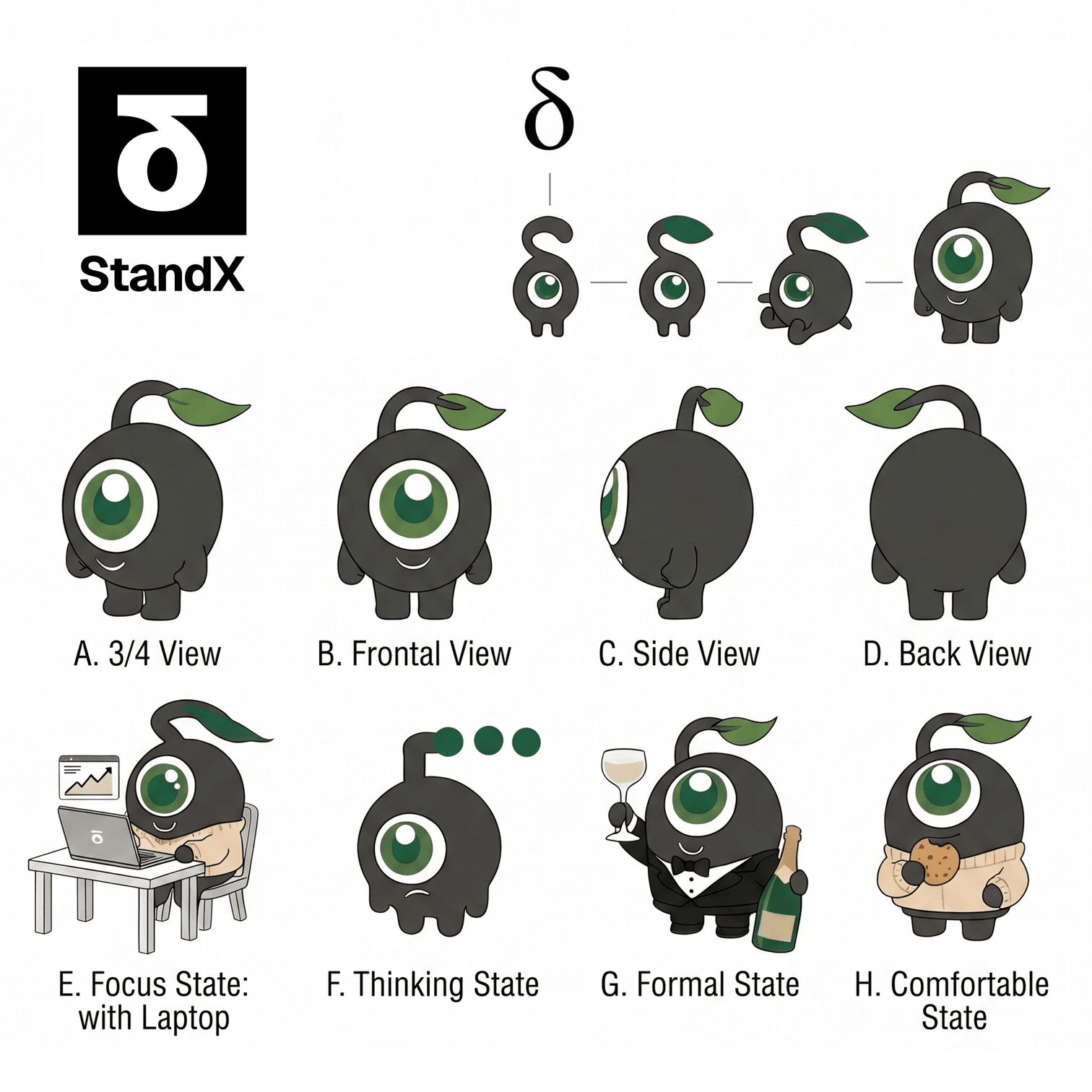 Stander prototype sheet: the StandX δ mark evolving into Stander, with turnaround views and mood states
